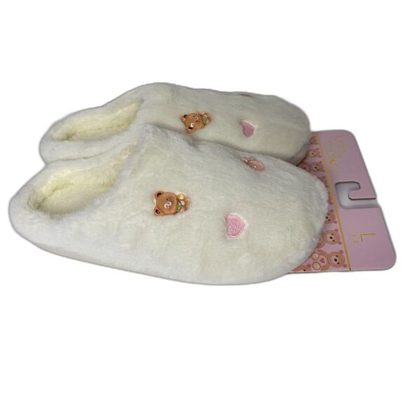 Luna Mellow Teddy Bear Embroidered Plush Slippers – Cream Fuzzy House Shoes Sz L - Picture 2 of 8